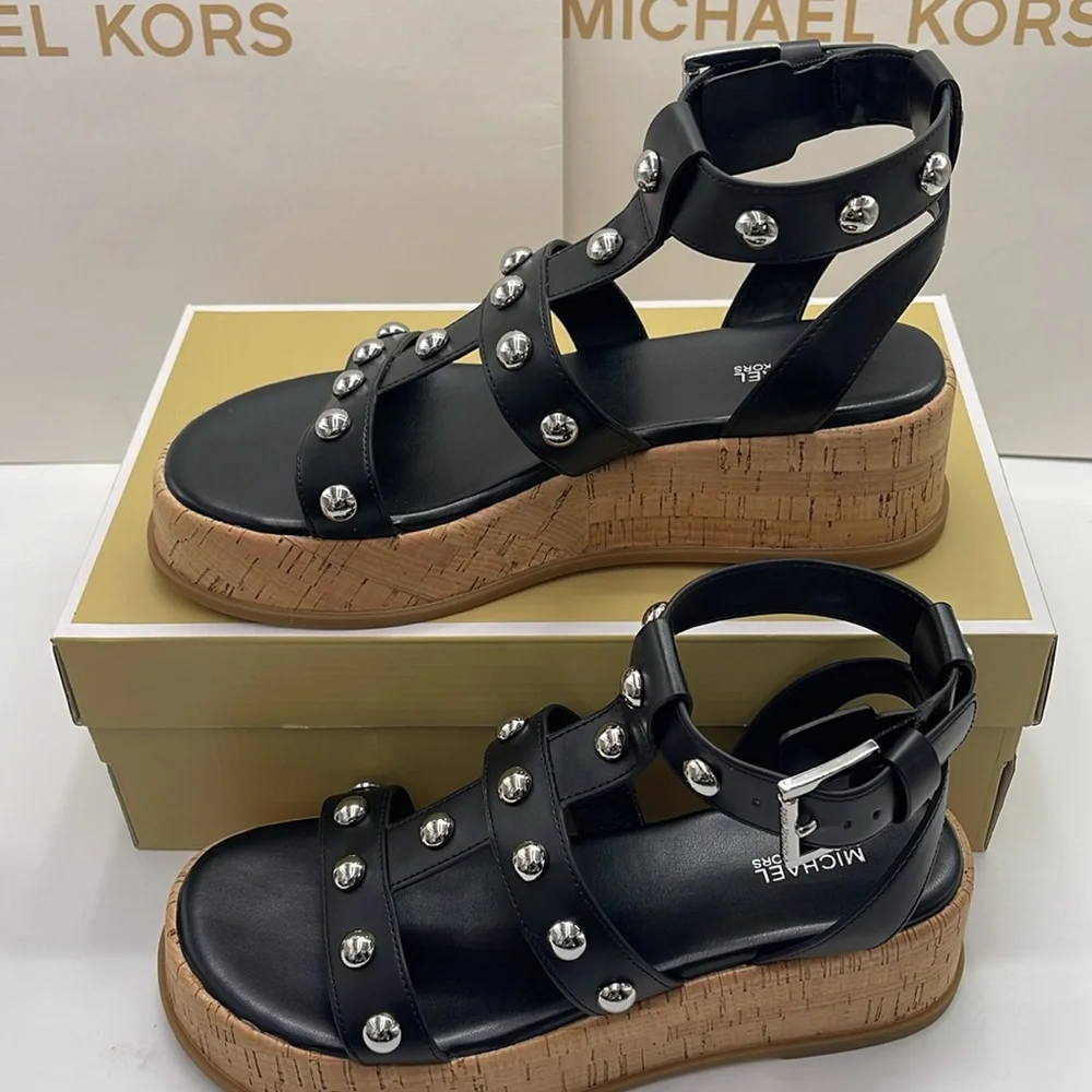 MICHAEL KORS Selah Studded Platform Gladiator Silver Studded Sandal Black  New